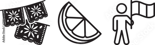 Papel picado banner, orange slice and person with flag icons with white background and black