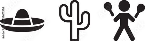 Sombrero, cactus and person playing maracas icon set, simple silhouette illustration in outline