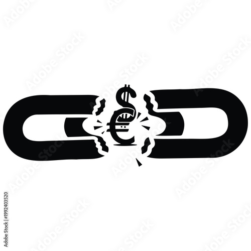 Broken metal chain with currency symbols between pieces, concept of financial crisis vector illustration.