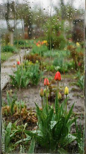 Raindrops on window glass looking at red and yellow tulips in garden. Blurred spring flowers view after rainfall. Melancholy mood, nature awakening, seasonal weather change concept.