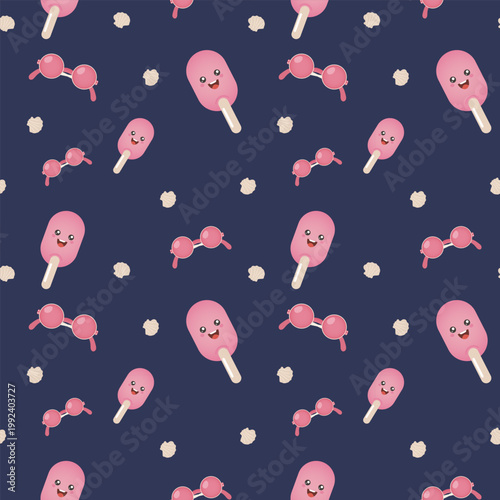 Cheerful seamless summer pattern featuring green popsicles with smiling and winking cartoon faces, heart‑shaped yellow sunglasses, tiny stars, and leaf motifs on a deep blue background. 