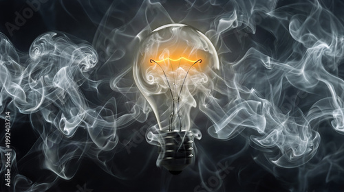 Light bulb glowing inside dense swirling smoke. Concept of creative thinking and brilliant idea. Innovation and inspiration symbol in dark background. Abstract energy and discovery theme.