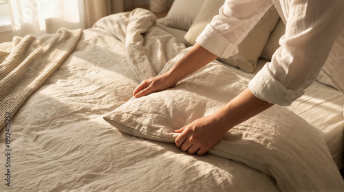 Woman making bed in morning. Female hands arranging pillow and fluffy linen duvet on comfortable mattress. Cozy house atmosphere, daily routine, domestic chores and home lifestyle concept.