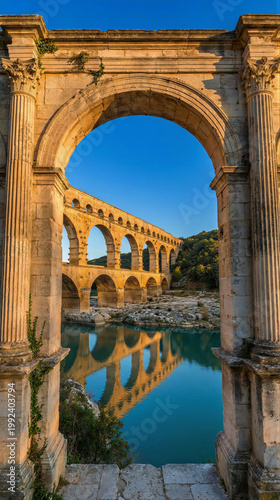 Ancient Roman aqueduct bridge over river. View through stone archway at sunset. Historic monument and landmark in France. Travel destination and architecture heritage site conservation.