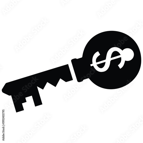 Key with dollar sign on its head unlocking financial success and opportunities vector illustration.