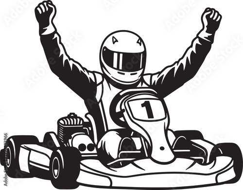 Black and white go-kart racer with raised arms and number 1 on kart, celebrating victory also transparent background