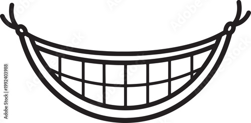 Black and white line of a wide, grinning mouth with many teeth, suspended by strings also transparent background