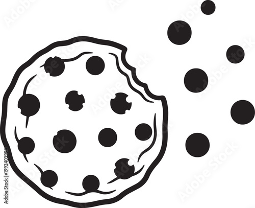 Black and white of a bitten chocolate chip cookie with scattered crumbs on a transparent background, also transparent background
