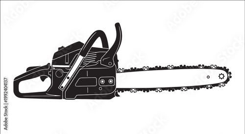 Black silhouette of a gasoline-powered chainsaw with a sharp chain and handle also transparent background