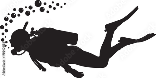 Black silhouette of a scuba diver with bubbles rising, swimming underwater in a dynamic pose also transparent background