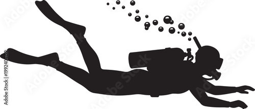 Black silhouette of a scuba diver with fins and bubbles, swimming underwater also transparent background