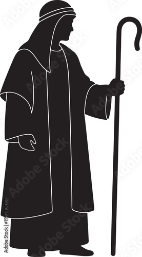 Black silhouette of a shepherd wearing a robe and head covering, holding a crook staff, viewed in profile also transparent background