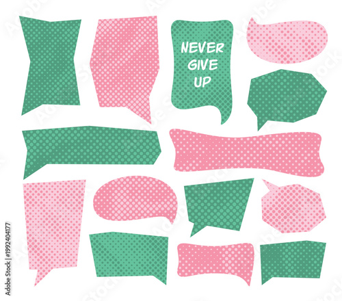 Hand drawn flat text box, frame, speech bubble in retro groovy style with dotted texture. Vector EPS10