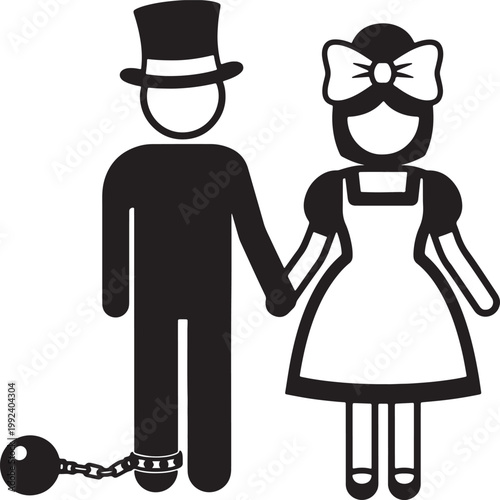 Man in hat chained to ball, holding hands with woman in bow dress also transparent background couple