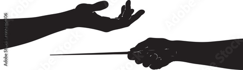 Silhouette of a conductor's hand holding a baton, with another hand reaching out in a gesture of direction against a white background, also transparent background