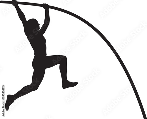 Silhouette of a female pole vaulter mid-jump, gripping a pole against a white background, also transparent background