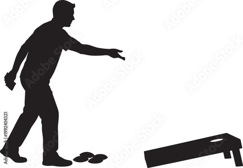 Silhouette of a man throwing a beanbag at a cornhole board, with several beanbags on the ground also transparent background