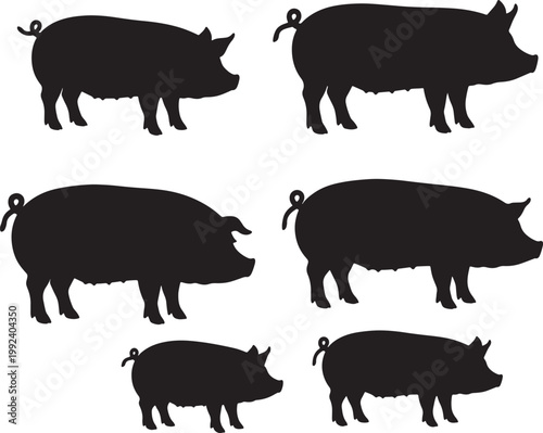 Six black pig silhouettes in a grid layout on white background, also transparent background, pigs