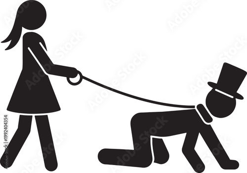 Stick figure woman walking a man on a leash, man wearing a hat and collar also transparent background