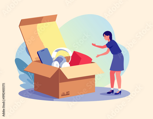  Mujer abriendo caja con productos comprados en estilo plano.
