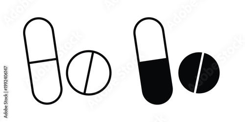 Medicine pills icon design concept. Stroke and flat icons set