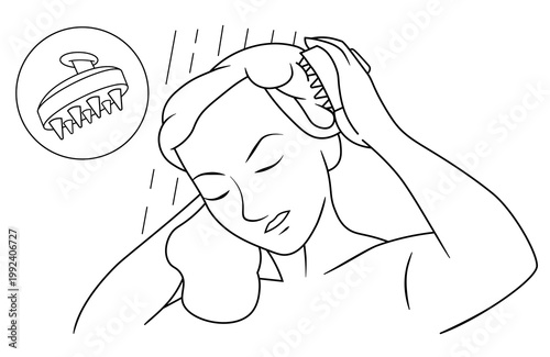 Young woman showering while using a scalp massager brush, vector illustration.