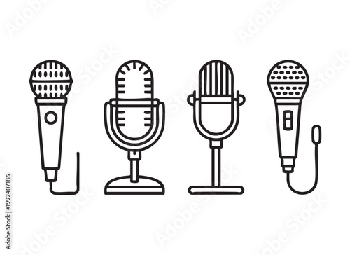 Four outline microphones on stands with cables, different types of retro and modern mics.
