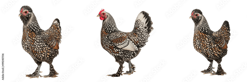 Fototapeta premium Belgian d'Uccle Chicken Standing Feathered Legs - Gallus gallus domesticus - Barbu d'Uccle - Ucceler Bartzwerg - SEO Optimized Belgian Ornamental Poultry Farming Livestock Photography Image for Pet