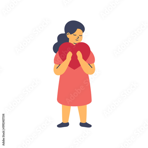 happy girl holding red heart in hands. self Love and child care concept. Childrens day card. vector illustration