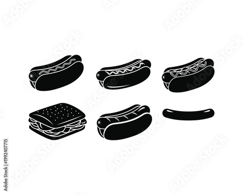 Various creative hot dog and bun variations in black and white illustration