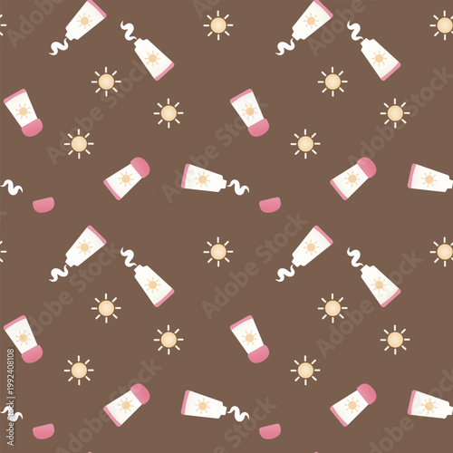 Seamless summer pattern featuring sunscreen tubes with pink caps and radiant sun icons on a warm brown background