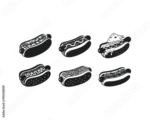 Six creative hot dog variations illustrated in a minimalist style