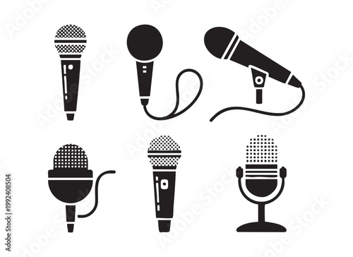 Microphone icon set, diverse black silhouette audio recording and broadcast equipment vector.