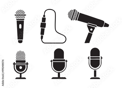 Microphone icon set, diverse black silhouette audio recording and broadcast equipment vector.