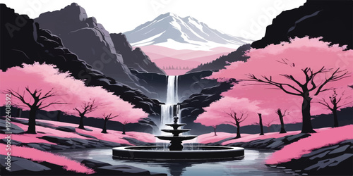 Winter snowy mountain landscape with snow covered trees, lake and ice, glass of red wine cocktail, cold foggy sky and panoramic nature view