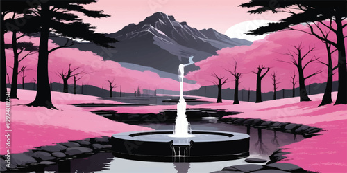 Winter snowy mountain landscape with snow, lake, cloudy sky and panoramic forest view