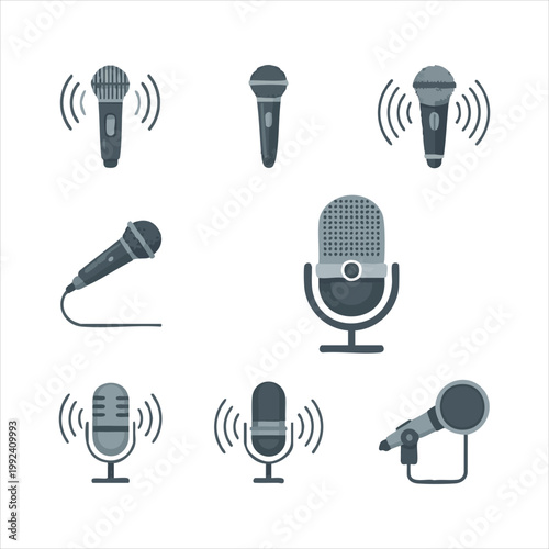 Set of various microphone icons in flat design style for audio recording and broadcasting purposes.
