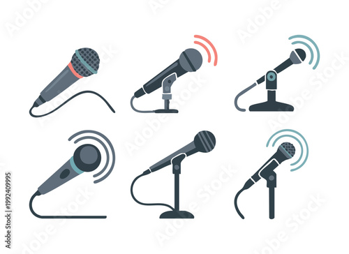 Collection of modern microphones on stands with sound wave symbols indicating audio.