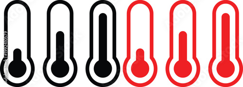 Six thermometer showing increasing temperature levels in black and red outlines gauge