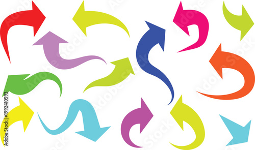 Collection of colorful curved arrows pointing in various directions on white background