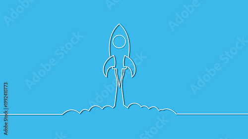 White line silhouette of a rocket launching on a solid light blue background takeoff