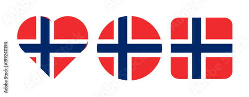 Norway flag icons set heart, circle and rounded square, Norwegian flag collection