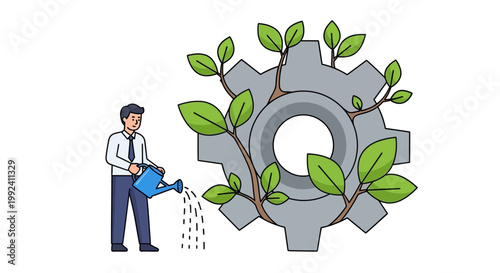 Businessman nurturing growth with watering can.