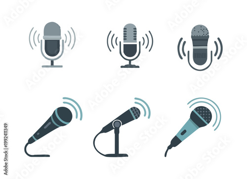 Various styles of microphones on stands and hand-held with sound waves.