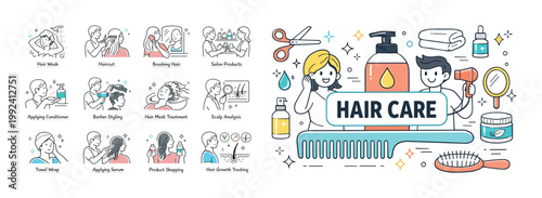 Diverse hair care routine illustrations with icons and text