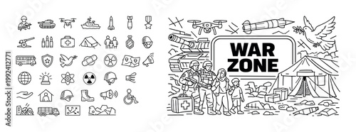 Military conflict and humanitarian crisis depicted with icons and illustration