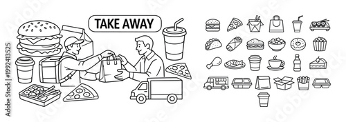 Takeaway food delivery service with various fast food icons and delivery truck