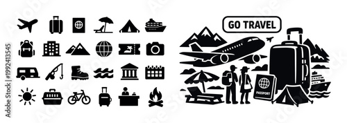 Collection of travel and vacation icons and illustrations for planning adventures