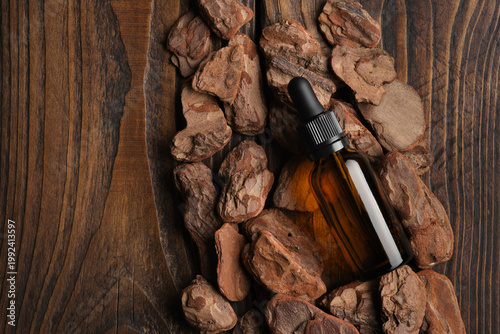 Top view of bottle with pipette containing natural bark oil, extract or serum on tree bark over wooden boards. Natural skincare, herbal medicine and cosmetic concept. Copy space.