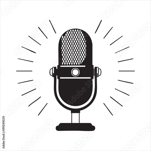 Retro condenser microphone with sunburst rays for podcasting and studio vocal recording session.